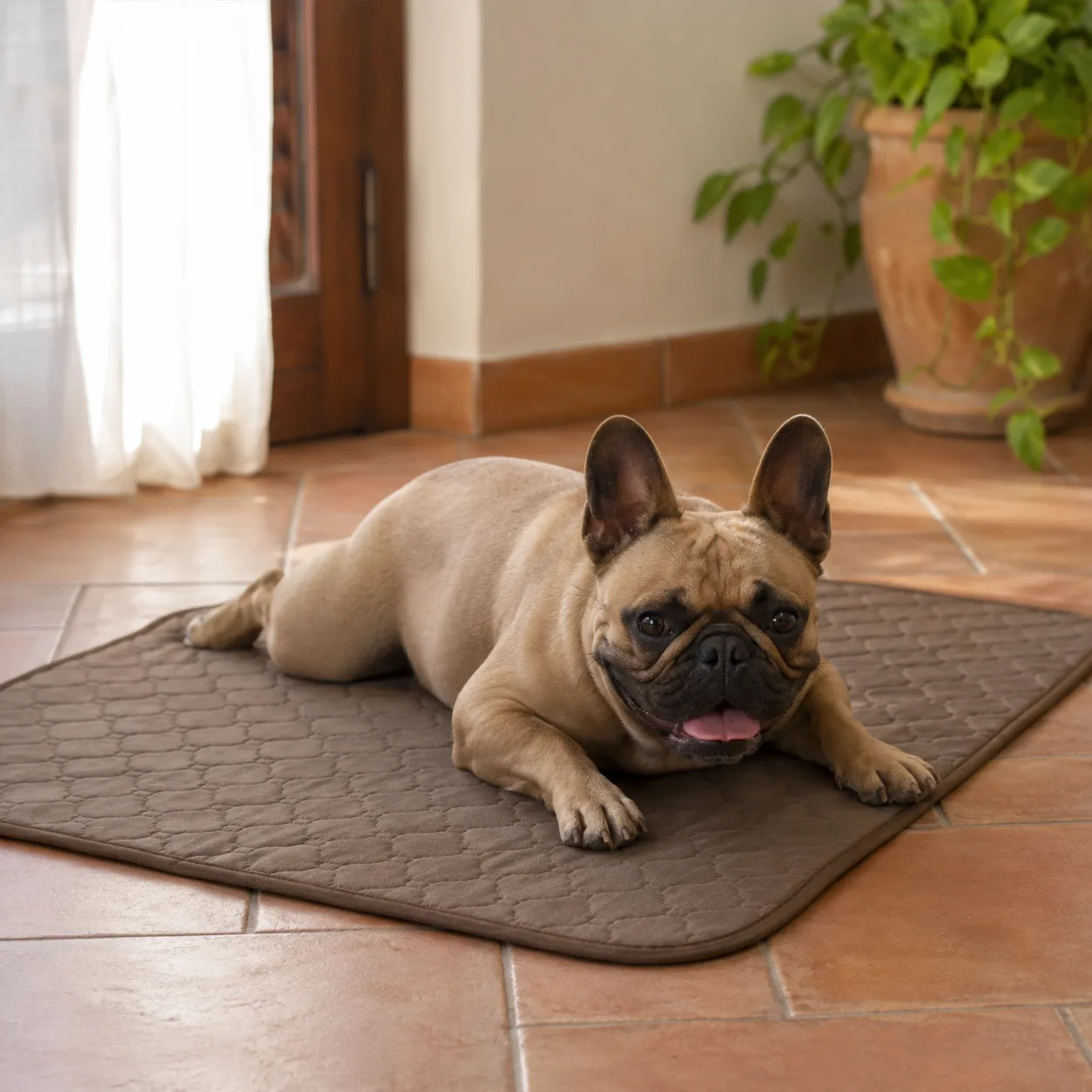 Bulldog francese sdraiato su un tappetino refrigerante Frimouf Ice marrone