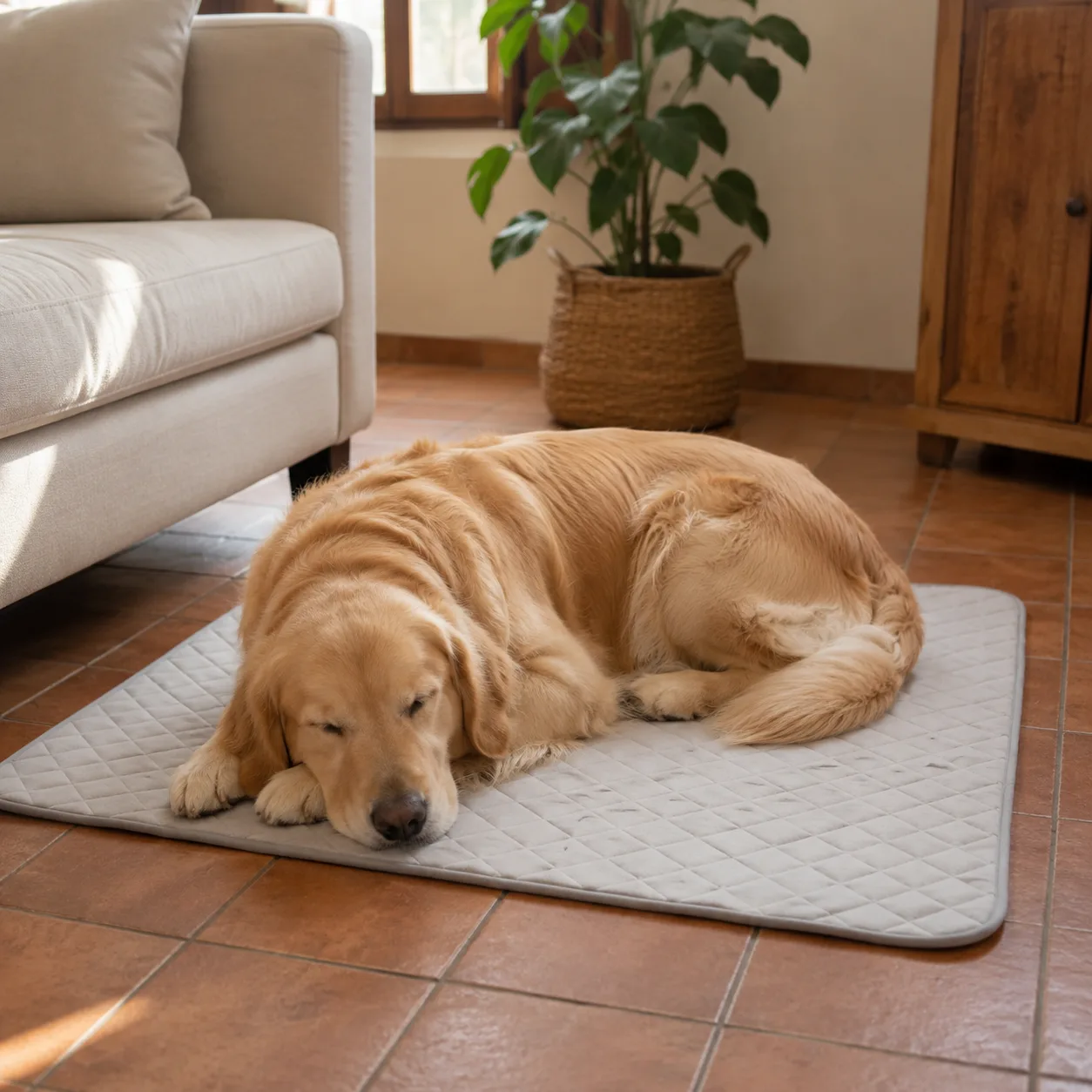 Golden retriever che dorme con la testa sulle zampe su un tappetino refrigerante grigio