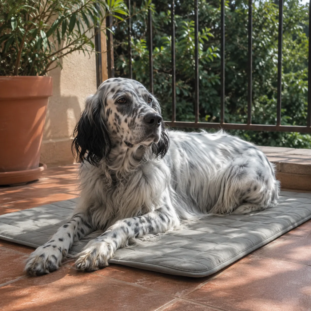 Setter inglese a pelo lungo sdraiato su un tappetino refrigerante Frimouf grigio in terrazza