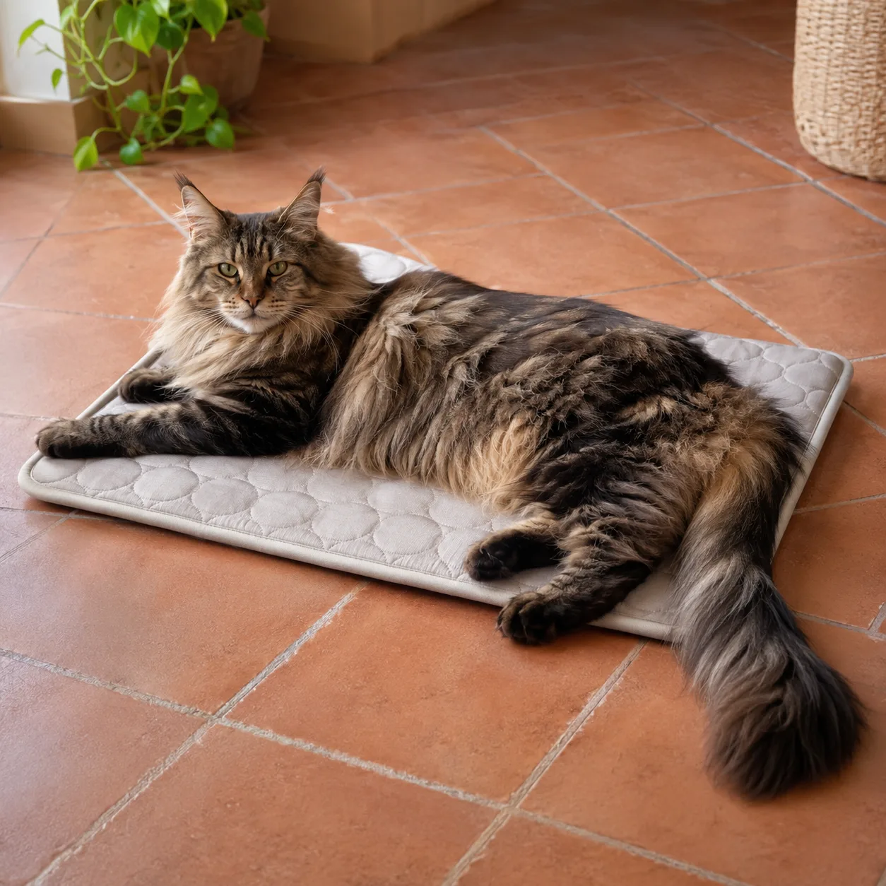 Maine Coon sdraiato su un tappetino refrigerante grigio, il tappetino è appena sufficiente