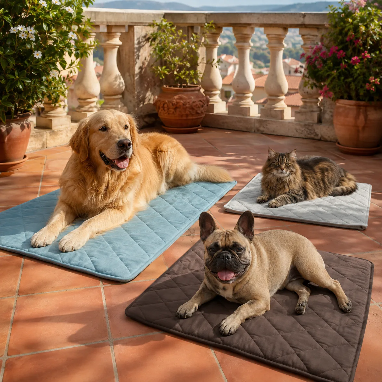 Golden retriever, bulldog francese e gatto a pelo lungo su tre tappetini refrigeranti Frimouf Ice in terrazza