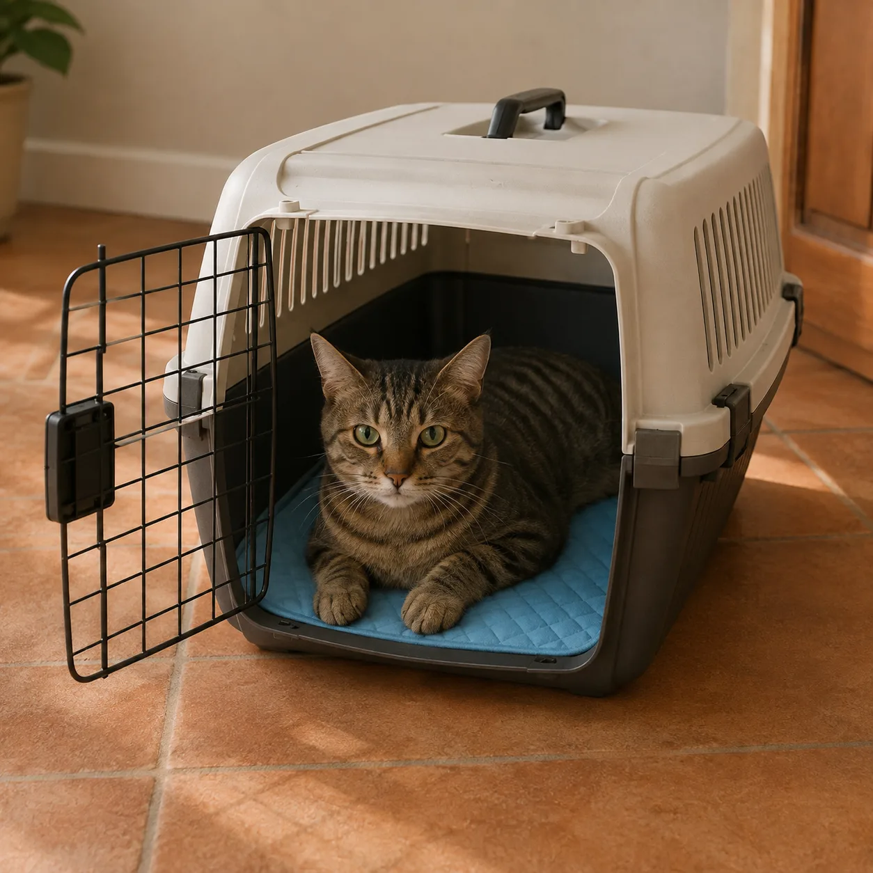Tappetino refrigerante sul fondo di un trasportino aperto, con dentro un gatto tigrato