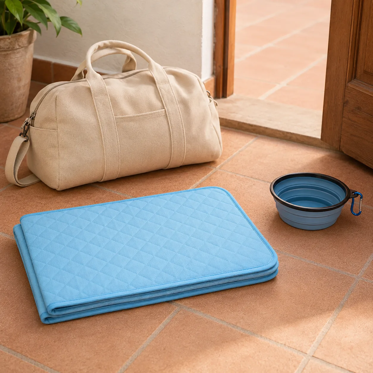 Tappetino refrigerante ripiegato accanto a una borsa da viaggio e a una ciotola pieghevole