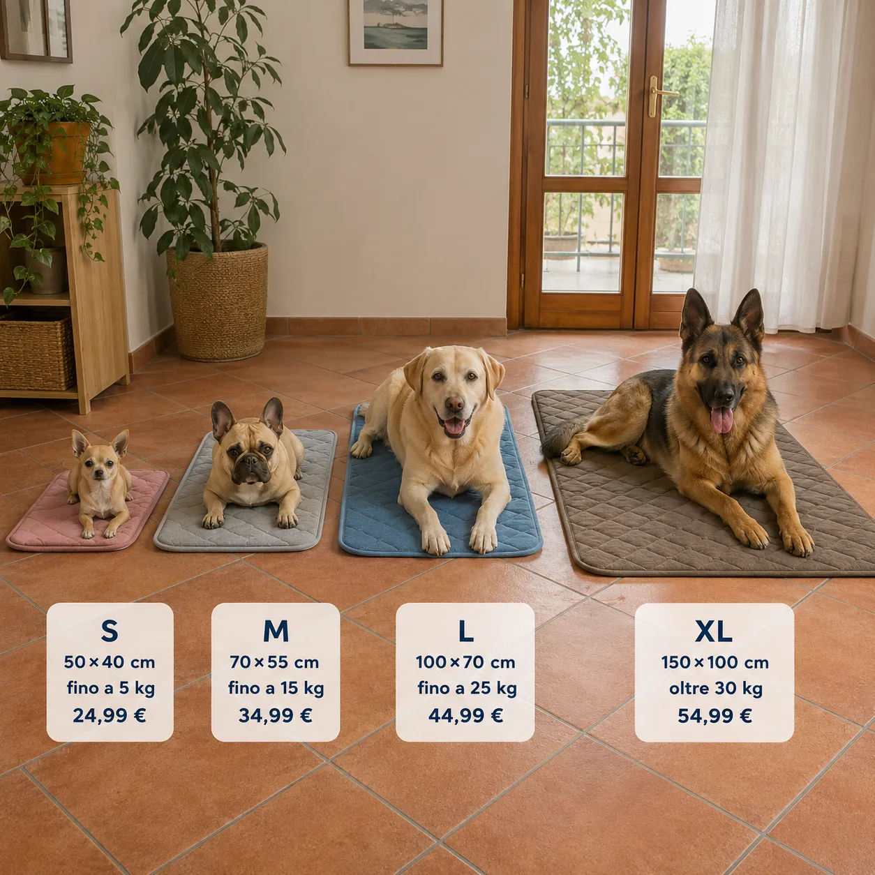 Chihuahua, bulldog francese, labrador e pastore tedesco su quattro tappetini refrigeranti con la tabella delle taglie