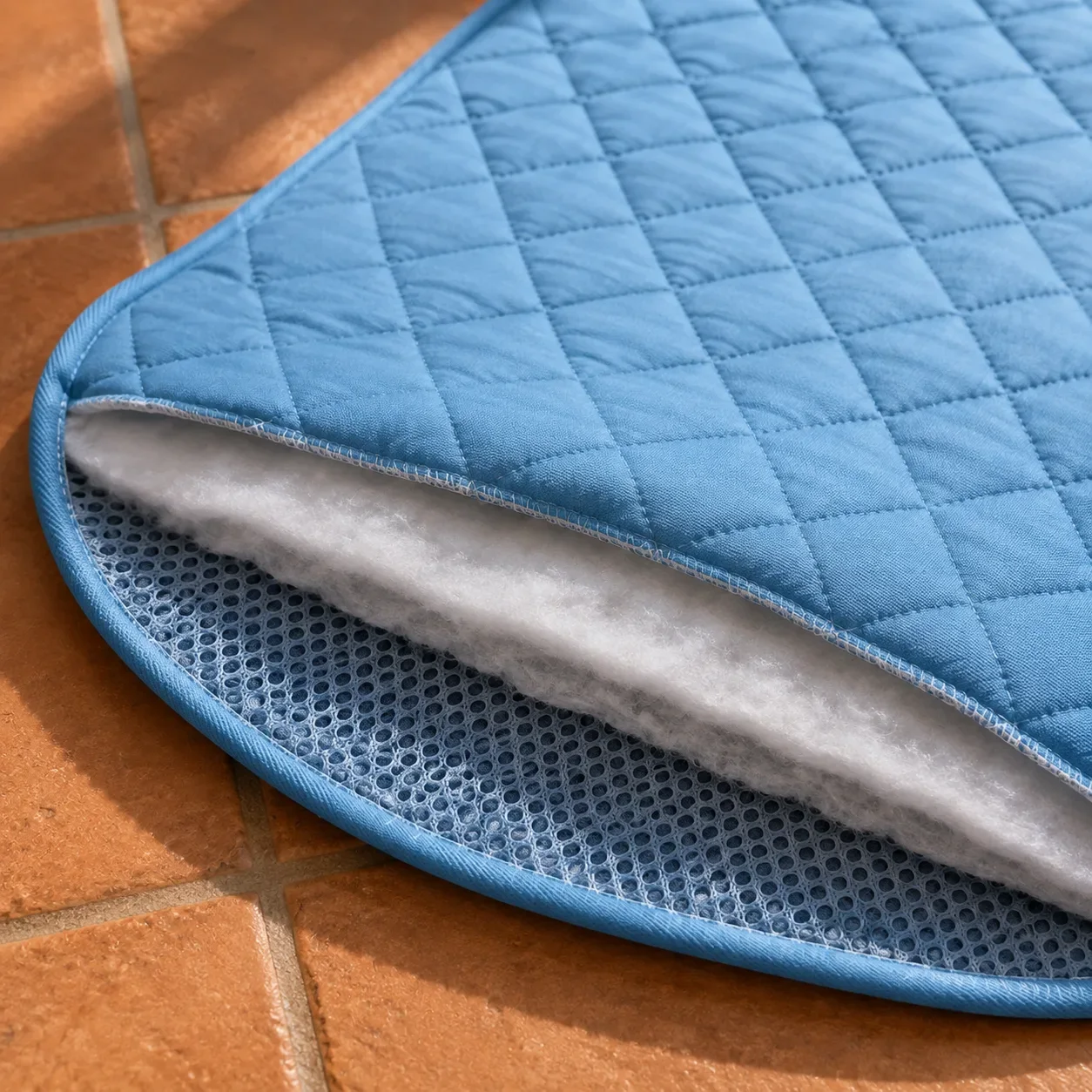 Angolo sollevato del tappetino refrigerante Frimouf: seta di ghiaccio blu sopra, imbottitura in cotone e rete traspirante sotto